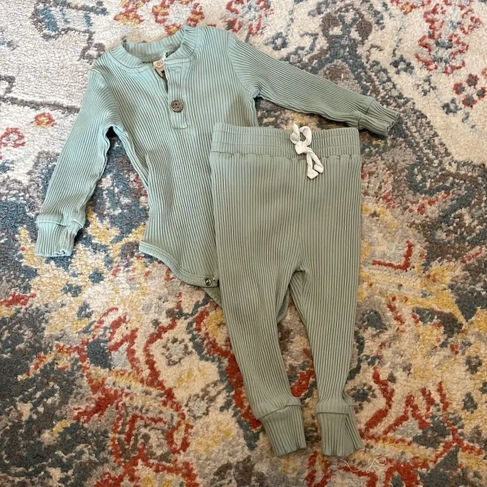 Long Sleeve Knitted Cotton Onesie Romper & Pants Mint Green 6-12 months